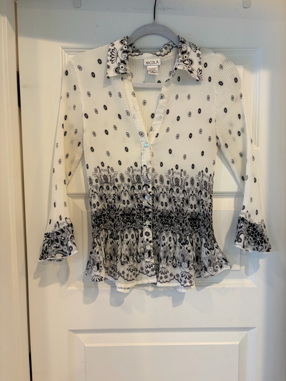 NICOLA Black & White Printed Button-Down Peplum Top